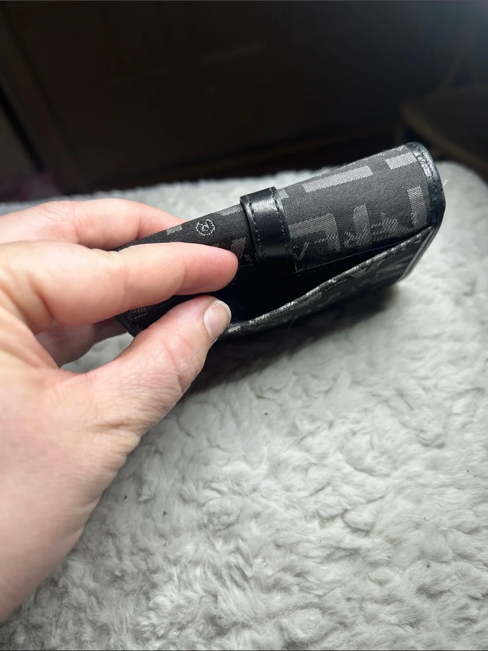 Black Logo-Pattern Card Wallet with Buckle Closure